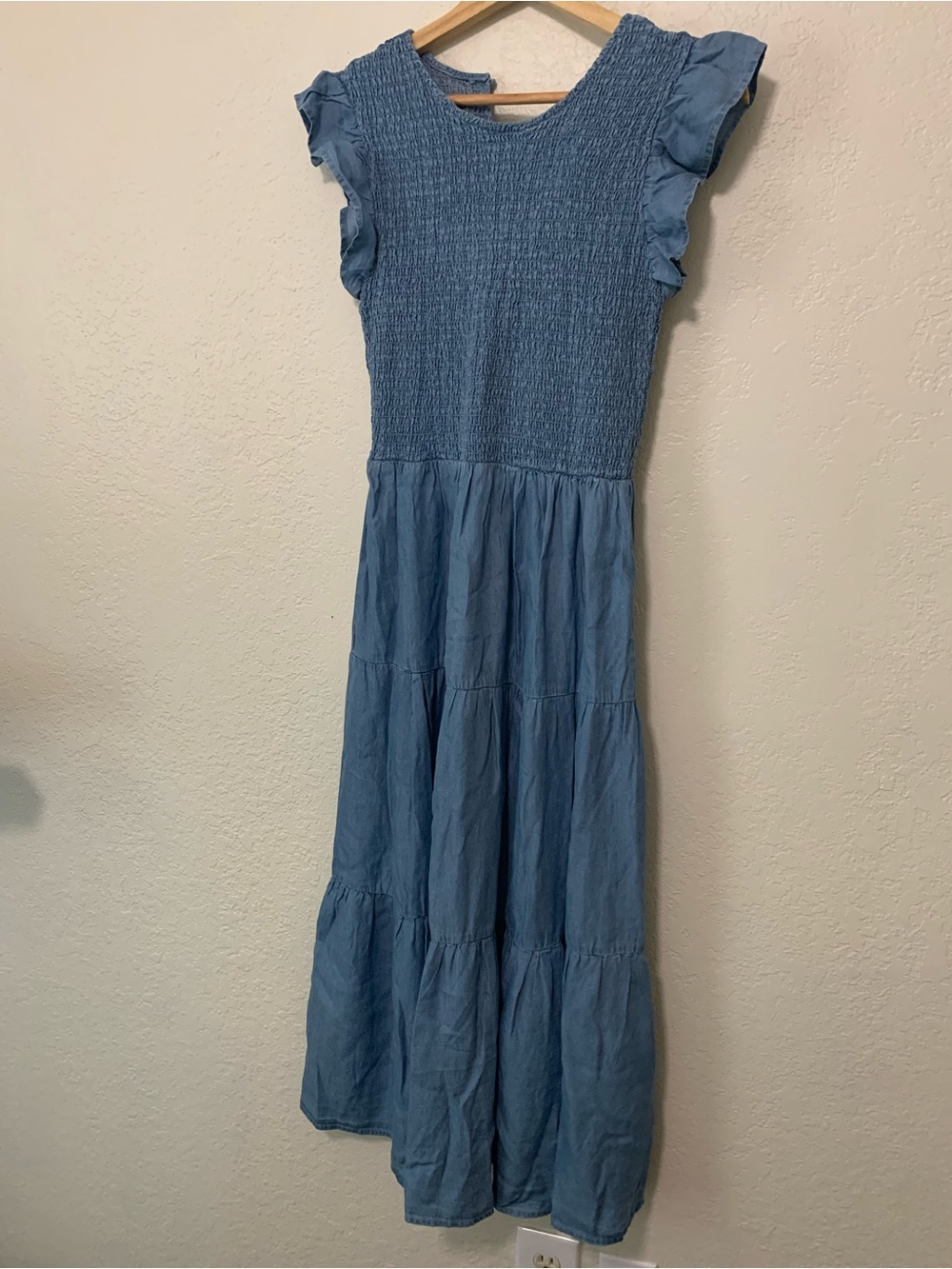 Blu Pepper Dusty Blue Smocked Flutter Sleeve Maxi Dress